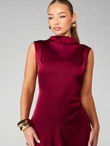 MISSGUIDED Đầm midi satin không tay cổ cao với vạt bất đối xứng, thích hợp cho tiệc tối. - màu nâu - Xem 3