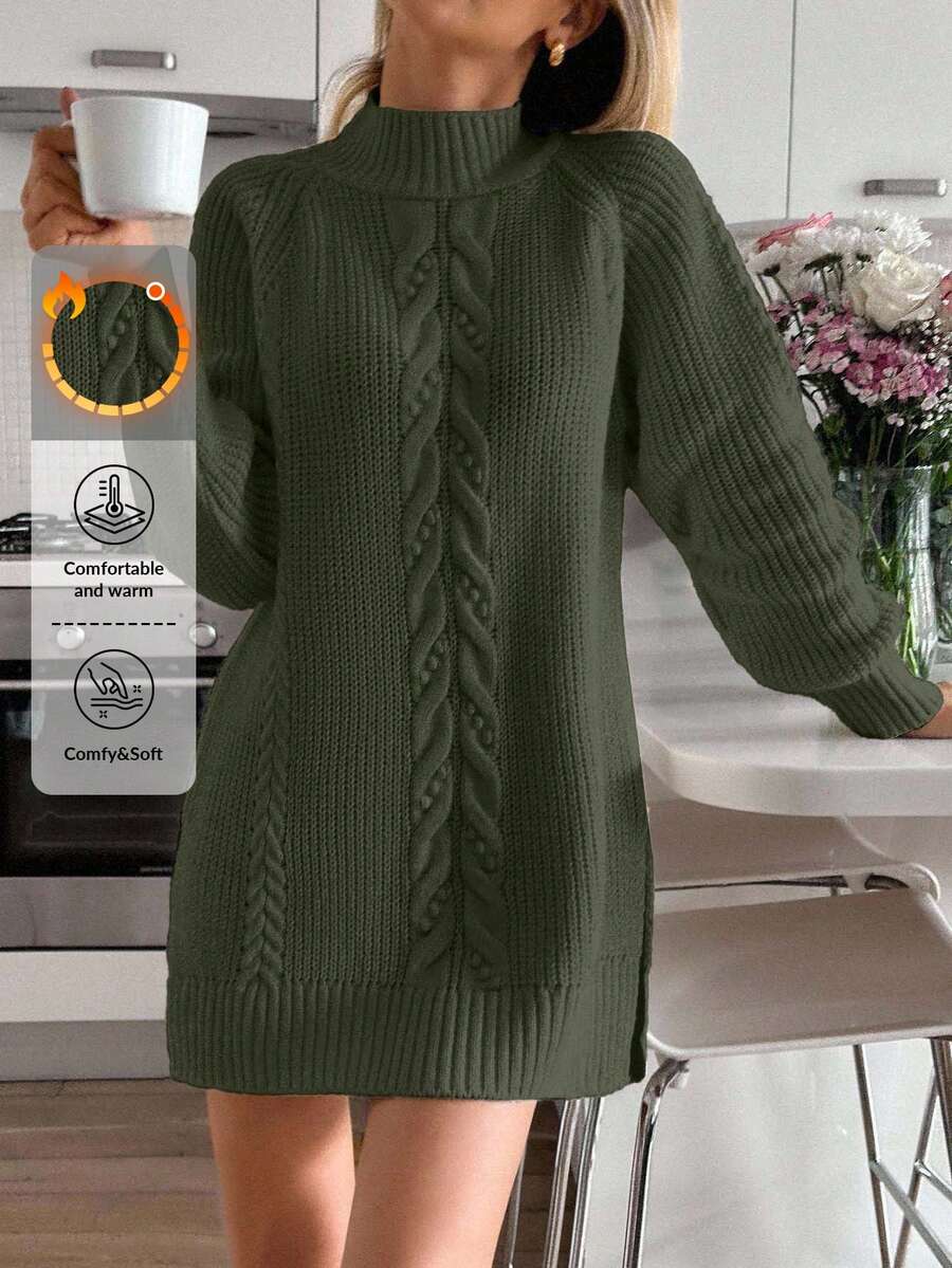 Women's Stand Collar Long Sleeve Cable Pattern Mini Sweater Dress