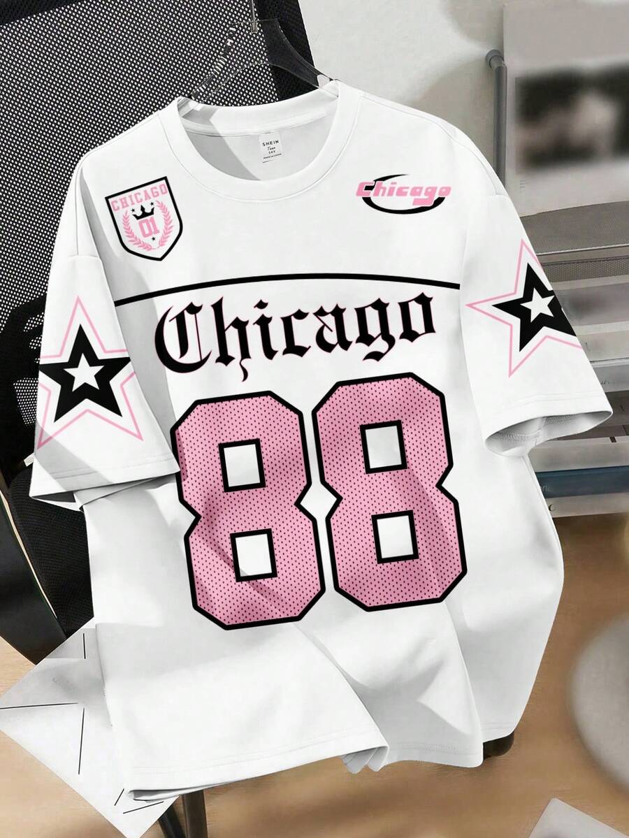 SHEIN EZwear 休闲简约数字 88 和五角星印花圆领宽松女式 T 恤 - 彩色 - 查看 1