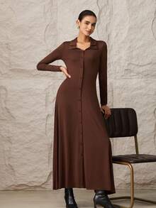 Modelyn Women's Elegant Commuter Solid Color Front Button Long Dress