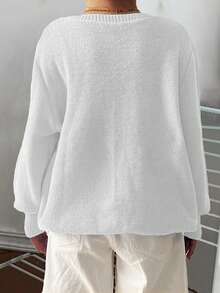EMERY ROSE Plus Size Women Casual Solid Color Crew Neck Pullover Sweater - White - View 2