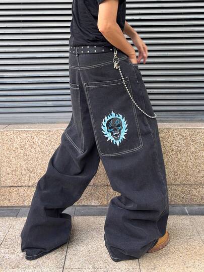 Street Life Jeans de pierna ancha y corte holgado para hombre con diseño bordado de calavera
