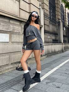 Coolane Women's Fall Streetwear Y2K Basic Daily Wear Casual Striped Rib Knit Loose Asymmetrical Neck Crop T-Shirt And Low Rise Short Two Pieces Outfits - Multicolor - View 2