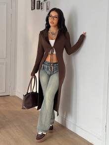 Coolane Y2K Fashion Vintage Rib Knit Flannelette Textured Lace Up Brown Long Cardigans Quần áo thu đông cho phụ nữ - màu nâu - Xem 4