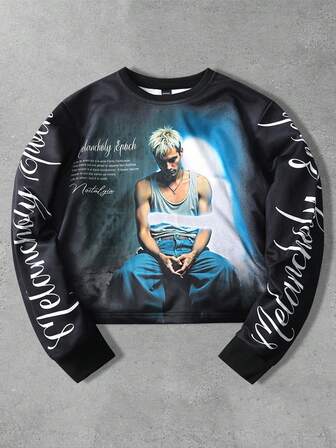 Street Life Sudadera casual con estampado gráfico y eslogan de moda para hombre, primavera/otoño