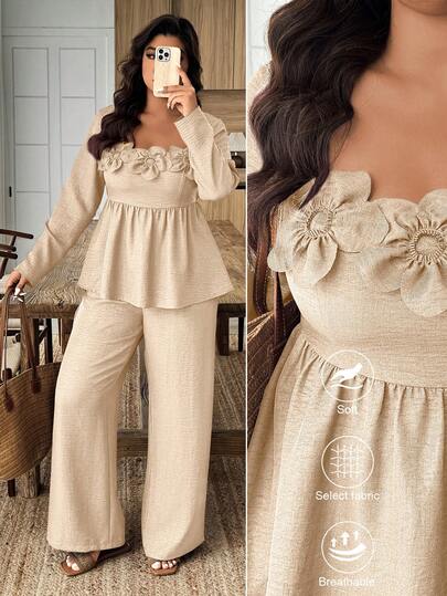 Weeklong Ensemble 2 pièces grande taille pour femmes, top babydoll à col carré avec décor floral 3D et pantalon ample à jambes larges, pour le printemps/automne et les vacances