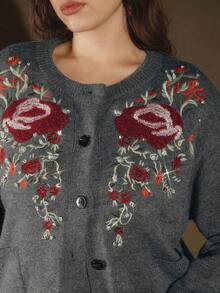Anewsta Embroidered Rhinestone Knit Cardigan, Suitable For Fall, Winter, New Year, Elegant, Chic, Stylish, Christmas, Going Out, Cozy Winter Clothes For Women - Grey - View 3