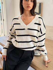 SHEIN Frenchy Black White V Neck Striped Pattern Drop Shoulder Sweater,Long Sleeve Tops,Knitted Sweater In Fall/Winter Casual - Black and White - View 6