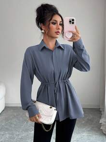 Elenzga Women's Elegant French Office Commute Street Style Utility Shirt, Featuring Shirt Collar, Front Placket, Waist Drawstring, Bowknot Long Sleeve Blouse, Suitable For Spring, Autumn And Winter - Dusty Blue - View 4