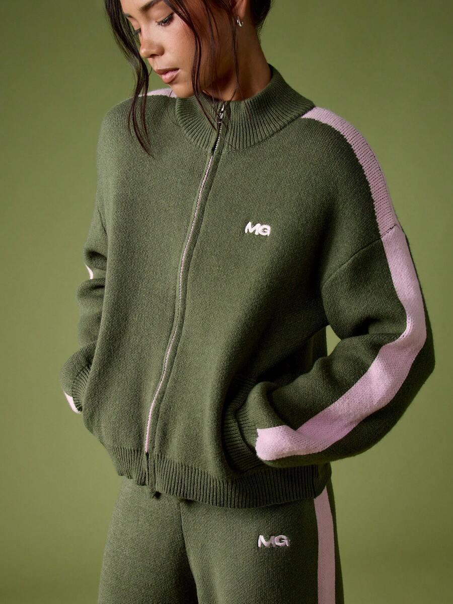 MISSGUIDED 女士拉链开衫运动外套复古条纹袖针织秋冬时尚休闲Y2K毛衣，饰有运动MG标志刺绣，圣诞节 - 綠色 - 查看 1