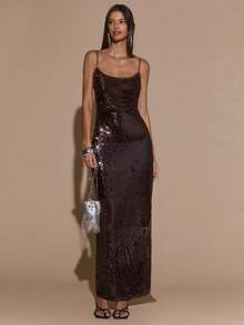 SHEIN BAE 秋季咖啡棕色亮片装饰无袖紧身连衣裙，适合派对、活动、宴会、鸡尾酒会、夜间外出 - 棕色 - 查看 3