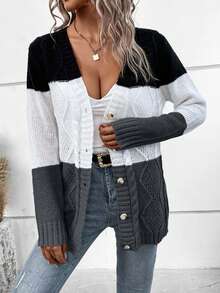 EURMUSE 女士休闲通勤拼色开衫 - 深灰色 - 查看 5