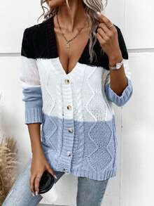 EURMUSE 女士撞色长袖单排扣休闲宽松针织开衫 - 淺藍色 - 查看 6