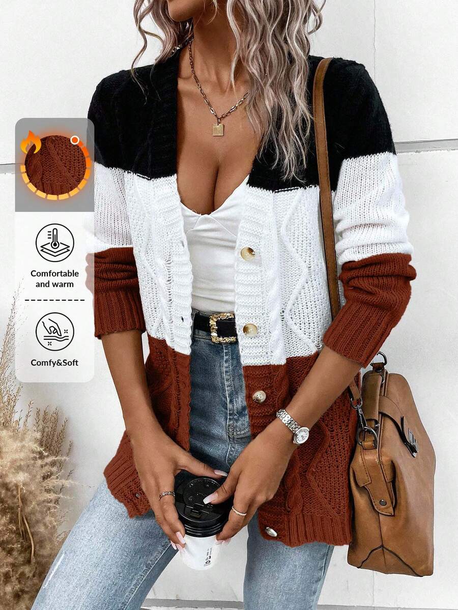 EURMUSE Women's Contrast Color Long Sleeve Single-Breasted Casual Loose Knit Cardigan,Cardigans,Petite,Tall - Chocolate Brown - View 1