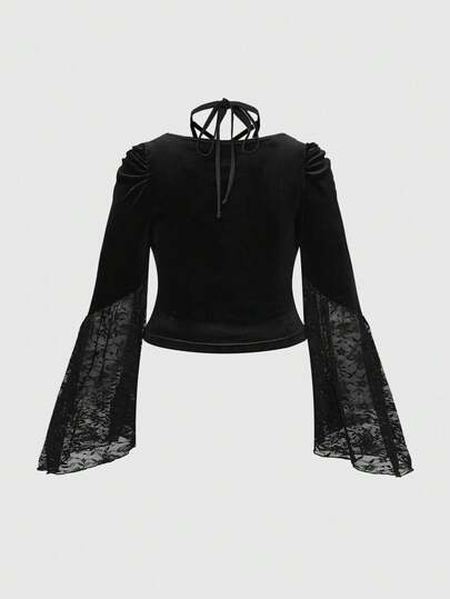 Goth Blusa de manga acampanada de terciopelo con estampado de pentágono para tallas grandes