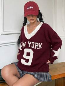 SHEIN 少女女孩酒红色和白色撞色V领宽松图案套头毛衣 - 酒紅色 - 查看 4