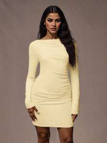 SHEIN PETITE 女士纯色夏季长袖简约短款休闲连衣裙秋装秋季女装秋季女装不对称连衣裙冬装 - 米色 - 查看 5