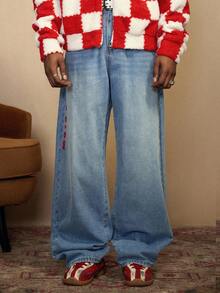 PAVTROS 秋季街头休闲水洗蓝色阔腿字母刺绣水洗牛仔裤宽松牛仔裤男士S码刺绣牛仔裤，圣诞节 - 藍色 - 查看 4