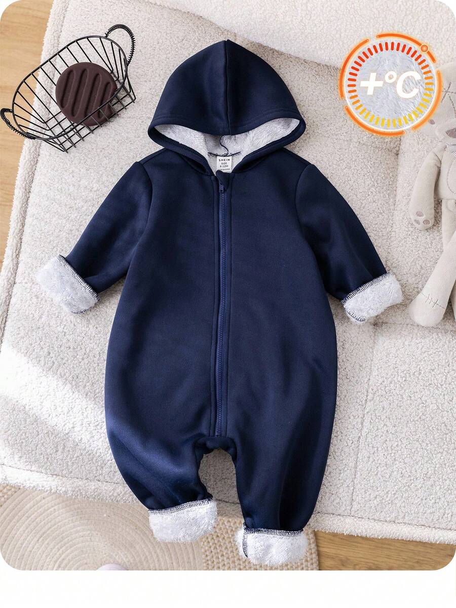 SHEIN Bộ đồ liền thân dệt kim mềm mại dày dặn màu xanh navy chải kỹ cho bé trai/bé gái có mũ trùm đầu, có khóa kéo, đa năng cho cả mặc trong nhà và ngoài trời, mùa thu/đông - Màu xanh hải quân - Xem 1