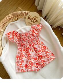 SHEIN Newborn Baby Girls' Cute Summer Floral Print Short Sleeve Romper