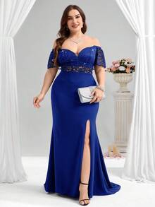 Coutiva 大码女式撞色蕾丝露肩短袖优雅正式晚礼服（缀饰）