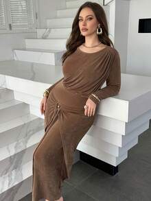 Modelyn 大码女式优雅秋冬针织褶饰修身长款休闲连衣裙 - 駝色 - 查看 7