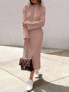 EURMUSE Women's Knitwear Long Dress With Cable Pattern,Petite - Coral Pink - View 4