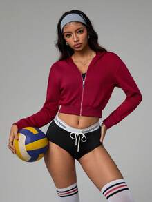 Gameset SHEIN Sport Casual Versatile Wine Red Cropped Hooded Jacket,Gym Wear,Workout,Winter - Burgundy - View 4