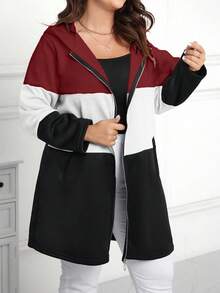Plus Size Casual Everyday Contrast Color Zip-Up Hooded Jacket, Autumn