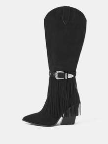 Styleloop Chocolate Brown Over-The-Knee Woven Boots, Suitable For Vacation, Boho, Western, And Music Festival Styles - Black - View 2
