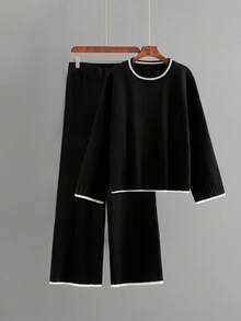 SHEIN PETITE CURVE 大码休闲拼色长袖毛衣套装 - 黑與白 - 查看 1