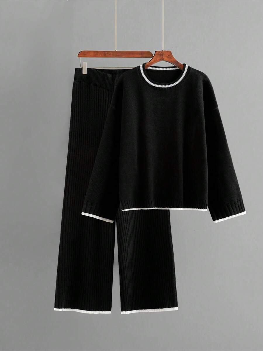 SHEIN PETITE CURVE 大码休闲拼色长袖毛衣套装 - 黑與白 - 查看 1