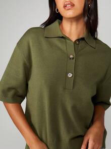 MISSGUIDED Polo de manga corta de punto con corte recto y estilo retro, jersey con cuello de botones clásico y estilo universitario, prenda esencial de moda para oficina en otoño e invierno - Verde militar - Ver 4