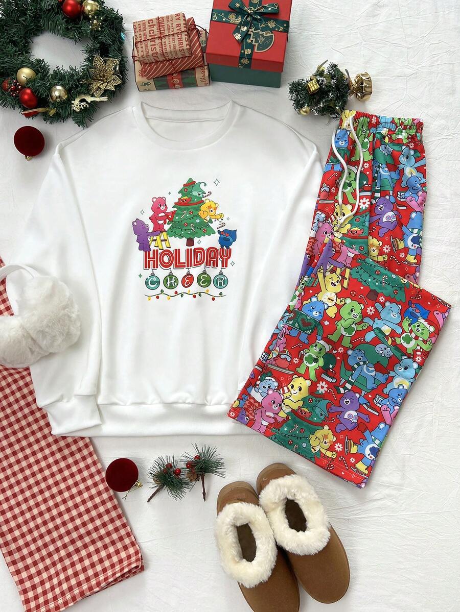 SHEIN Unity 2pcs/Set White CareBears Christmas Tree Print Crew Neck Loose Sweatshirt And All-Over Print Drawstring Waist Straight Leg Sweatpants, Cute & Casual For Christmas Party, Home, Outdoor, Sports, Date, Daily Wear In Autumn/Winter - Multicolor - View 1