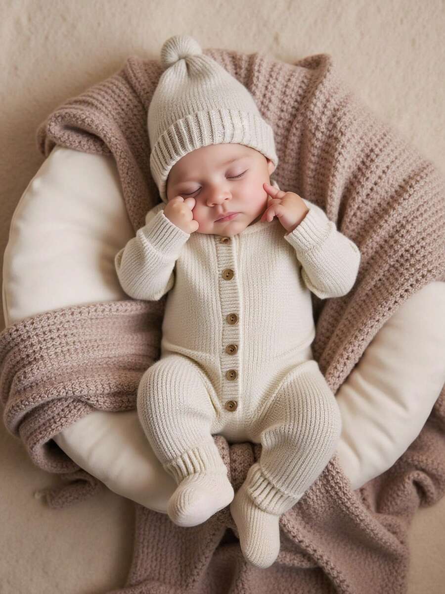 SHEIN 2Pcs Set Knitted Newborn Boy Girl Photograpy Romper Buttons Jumpsuit Baby Coming Home Outfit With Pom Hat Neutral Baby Clothes New Baby Shower Gift Fall Winter - Apricot - View 1