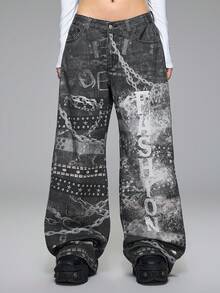 ROMWE Grunge Punk Y2K 复古街头风链条印花超低腰宽松牛仔裤 - 黑色 - 查看 1