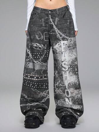 Grunge Punk Jeans de corte holgado con estampado de cadena, cintura ultra baja, estilo vintage Y2K