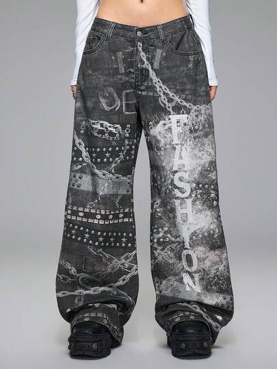 Grunge Punk Y2K Vintage Streetwear Ketten-Muster Ultra-Taille Loose Fit Jeans