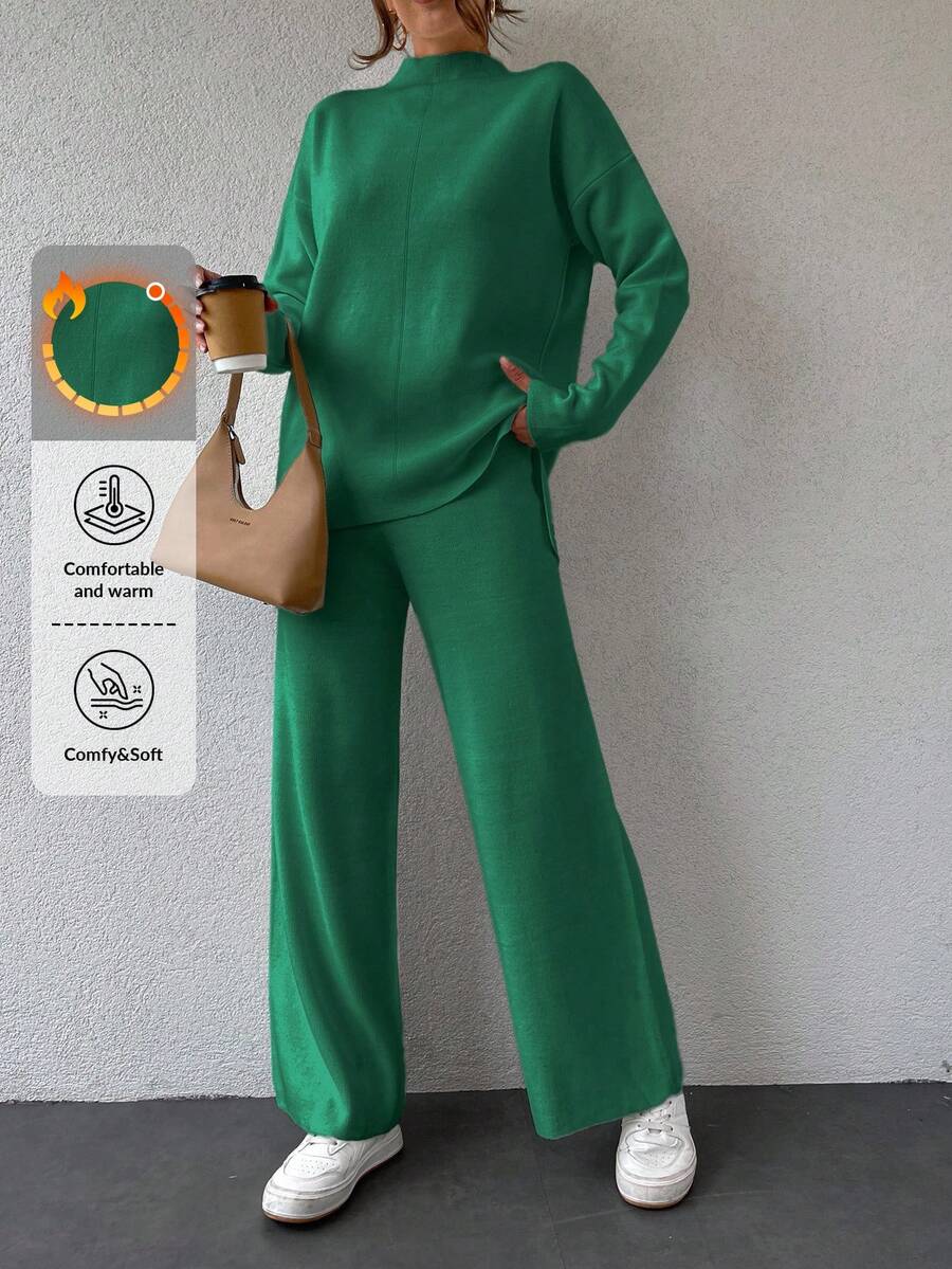 SHEIN Cottnline 女款立領落肩長袖毛衣+毛衣褲套裝 - 綠色 - 查看 1