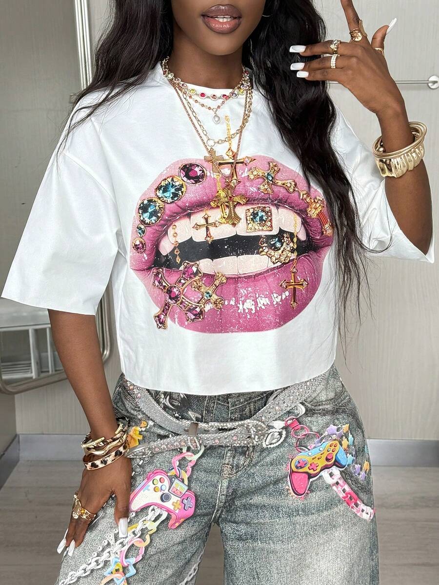 Coolane 女士夏季街头时尚嘻哈图案超大T恤 - 白色 - 查看 1