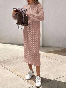 EURMUSE Women's Knitwear Long Dress With Cable Pattern,Petite - Coral Pink - View 5