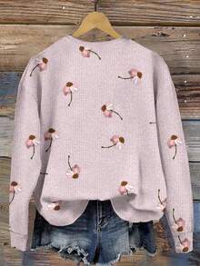 SHEIN LUNE Casual Minimalist Faux Fur Beaded Daisy Print Crew Neck Loose Fit Women Sweatshirt, Suitable For Autumn/Winter - Multicolor - View 2