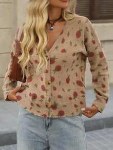 Brillora Cárdigan casual de mujer con estampado retro all-over, otoño - Albaricoque - Ver 1