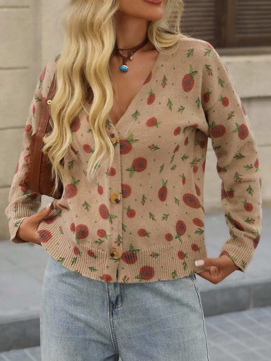 Brillora Cárdigan casual de mujer con estampado retro all-over, otoño - Albaricoque - Ver 1