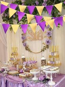 3米/9.84英尺紫色和金色派对装饰，三角形三角旗横幅，金属纸质，彩旗花环，适用于生日/毕业/退休/单身派对/婚礼/新娘送礼会/订婚/迪斯科派对用品 - 彩色 - 查看 4