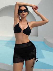 DAZY Circular Detail Halter Triangle Cup Bikini Set With Skirt And Cover-Up For Summer Beach,Tankini Bathing Suit Vacation - Black - View 7