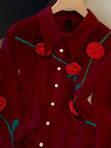 GlowEve Blouse décontractée élégante pour femme, imprimé branche verte + fleur 3D pour la Saint-Valentin, taille standard