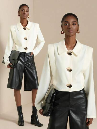 SHEIN Veneréa Camisa elegante de solapa sin mangas con parches, manga larga y botones metálicos