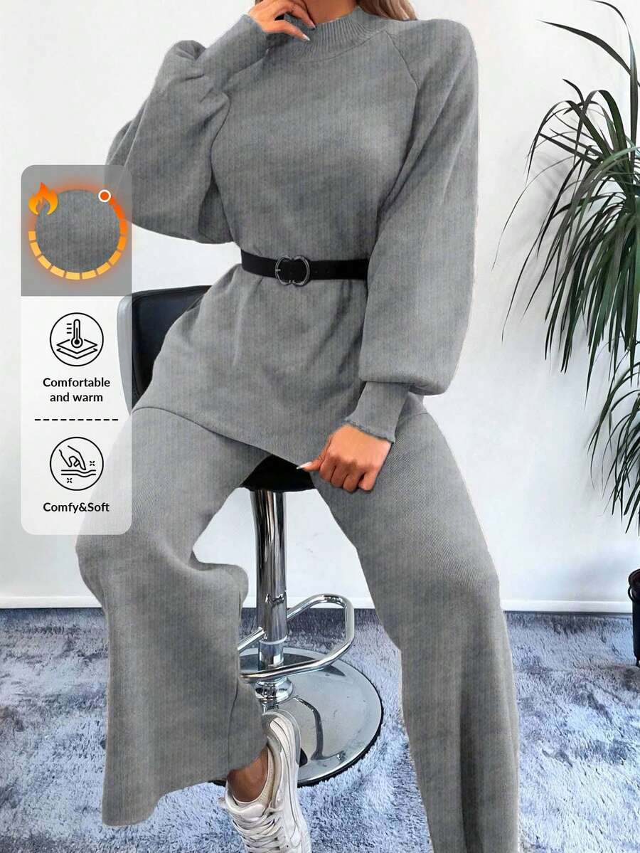 EURMUSE Mock Neck Raglan Sleeve Sweater & Knit Pants Without Belt - Dark Grey - View 1