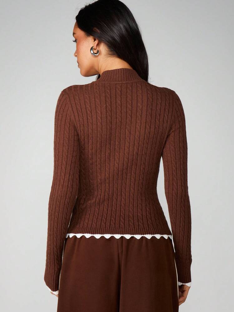 MISSGUIDED Cable Knit Ribbed Cardigan With Scalloped Contrast Trim And Full Zip Front Closure For Layering
